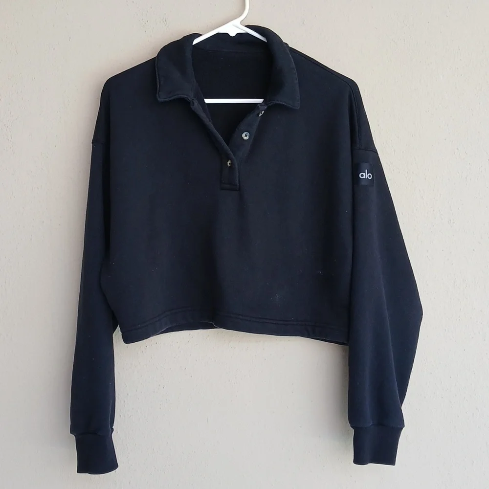 ALO Yoga Black Cropped Polo Henley Top Medium
